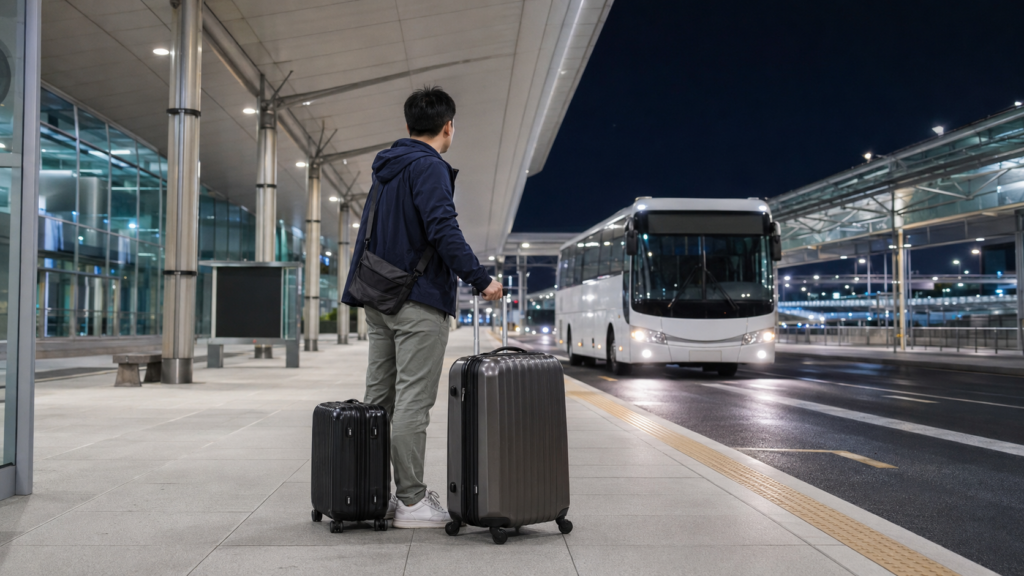 深夜在仁川机场等待前往首尔机场巴士的旅客