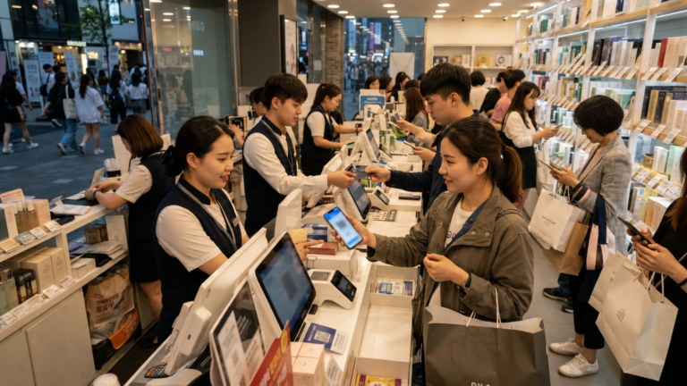 首尔化妆品店内，游客在繁忙的收银台使用手机支付和实体银行卡结账