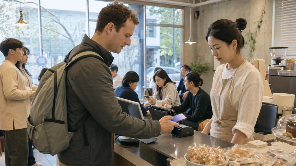 Traveler trying a contactless mobile payment at a store in Korea