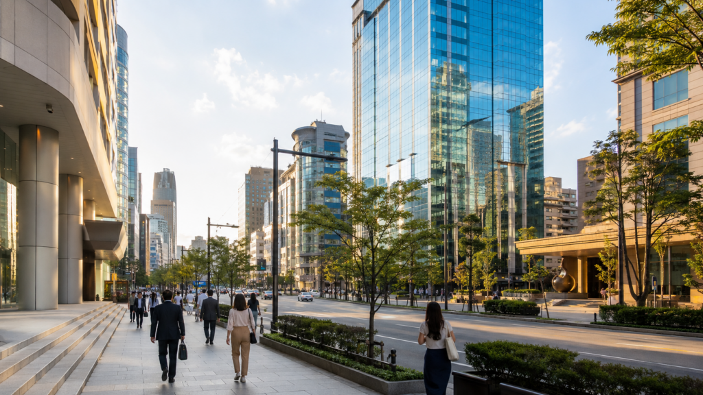 서울 강남 업무지구의 현대적인 건물과 거리