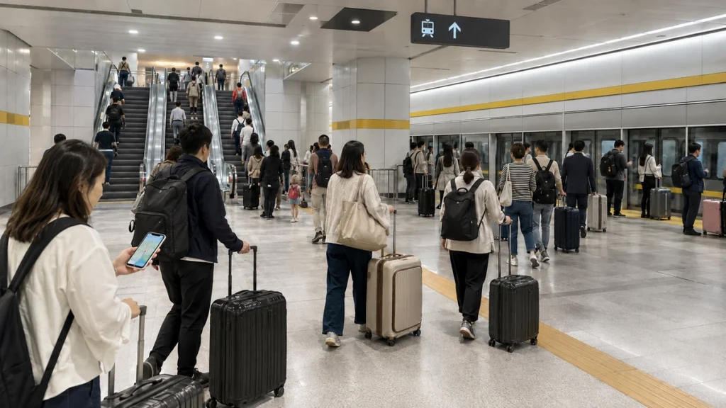 金浦空港から地下鉄9号線で江南方面へ向かう日本人旅行者