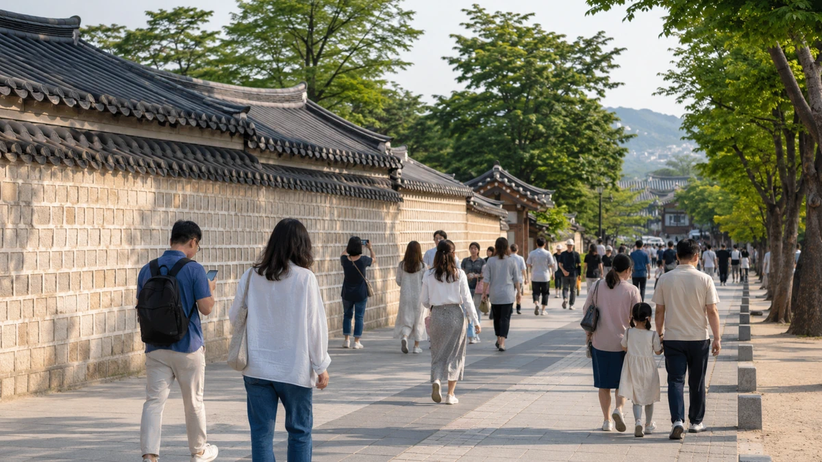 여행객과 시민들이 오가는 경복궁 돌담길에서 북촌과 인사동 하루 동선을 확인하는 여행자
