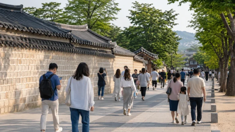 Travelers walking along the stone wall near Gyeongbokgung Palace in Seoul