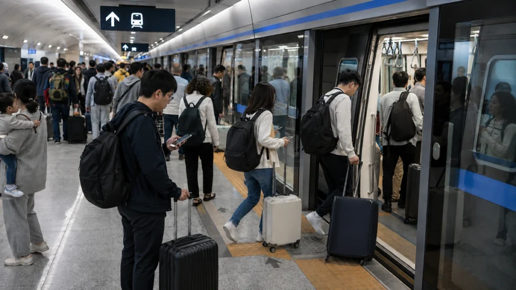 Travelers taking the AREX All-Stop Train from Incheon Airport to Hongdae