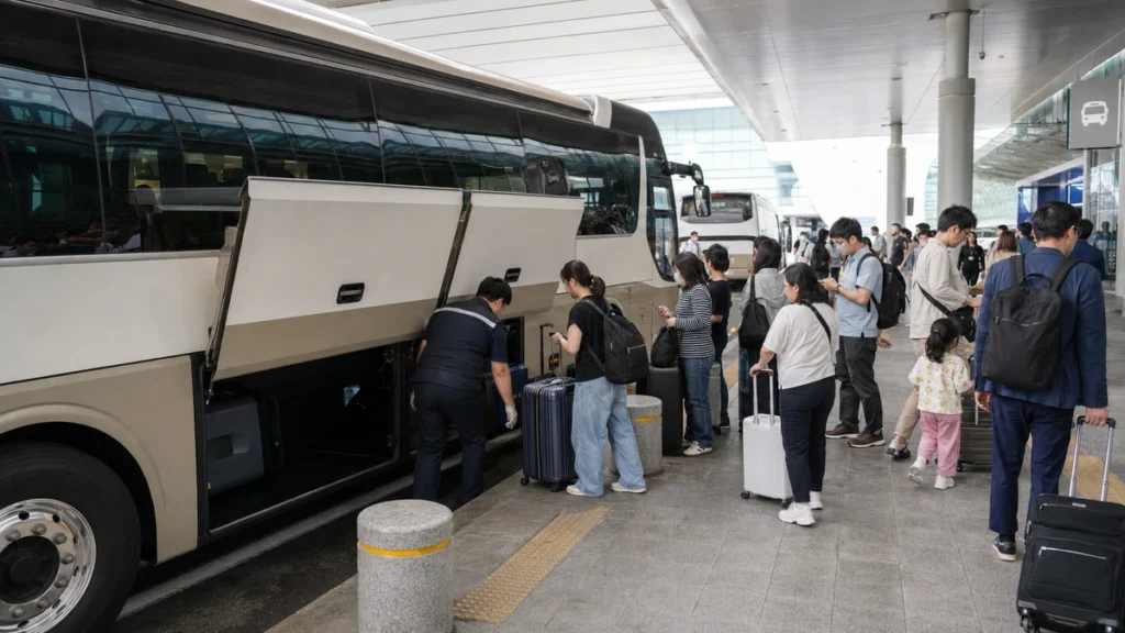 Travelers with luggage boarding an airport limousine bus from Incheon Airport to Myeongdong