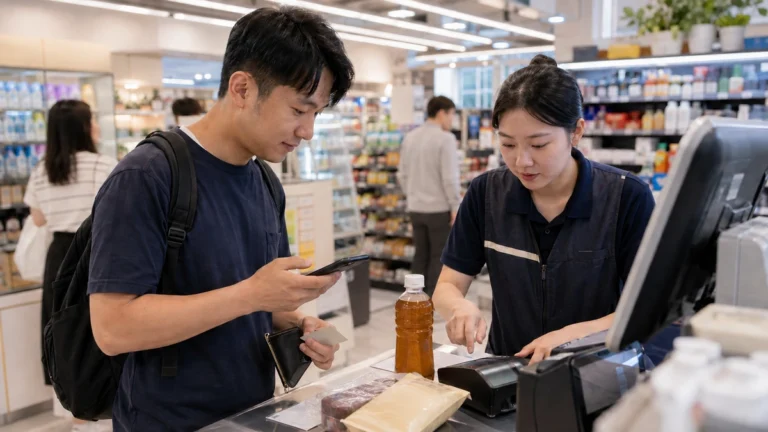 中国游客在韩国便利店收银台使用手机付款，并准备境外银行卡作为备用方式