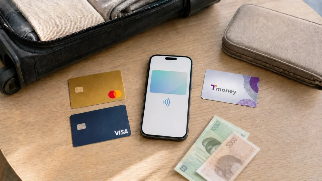 Foreign-issued cards, a mobile wallet, a Korean transit card, and Korean won prepared for a trip