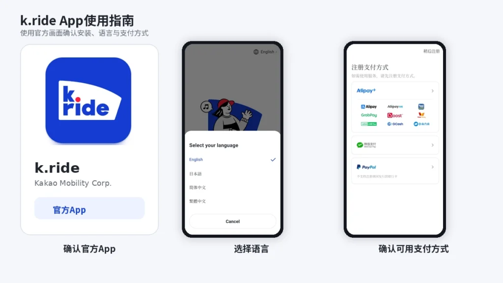 k.ride官方App、语言选择和可用支付方式界面