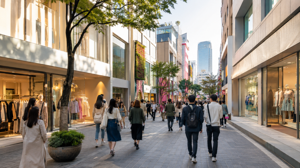 Pedestrian shopping street and stores in Myeongdong, Seoul