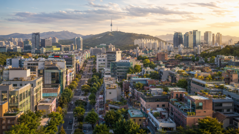 Seoul city center and Namsan Seoul Tower for comparing Myeongdong, Hongdae, Seongsu, and Gangnam