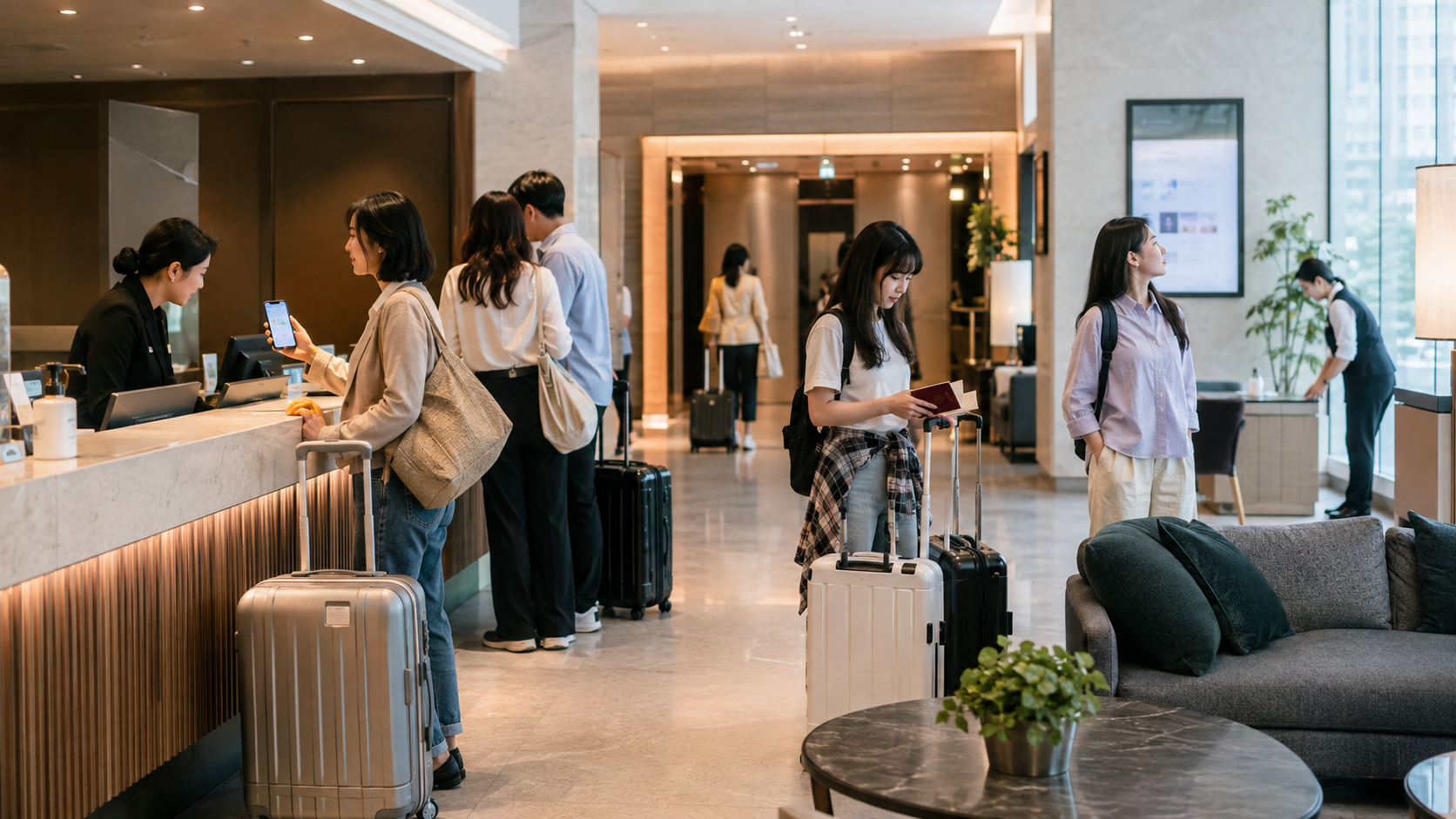 三位女性一起去首尔旅行并选择住宿
