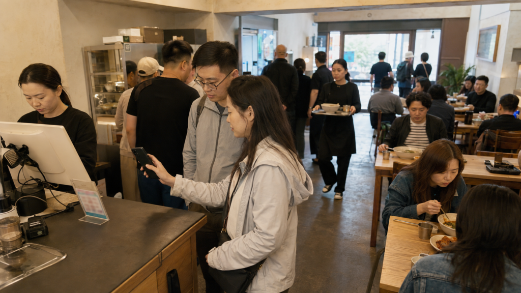 中国游客在首尔小型餐厅的收银台确认ZeroPay二维码是否支持微信支付