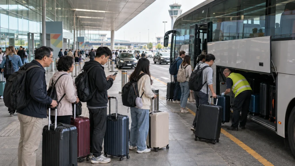 中国游客在巴塞罗那机场带着大行李准备乘坐机场巴士