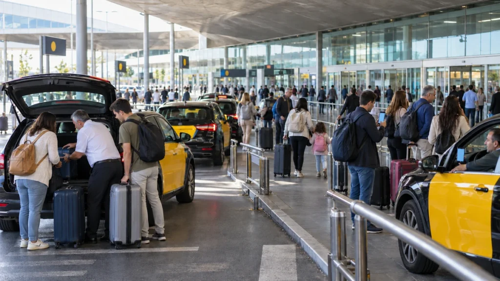 바르셀로나 공항 택시 승강장에서 큰 캐리어와 함께 택시에 탑승하는 가족 여행자
