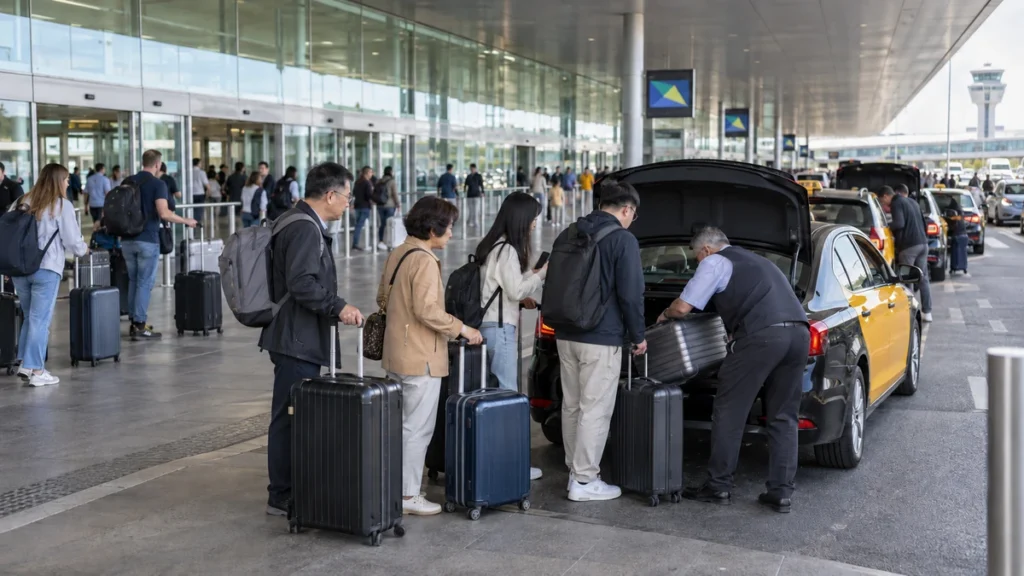 中国家庭游客在巴塞罗那机场出租车站带着多个大行李箱乘车