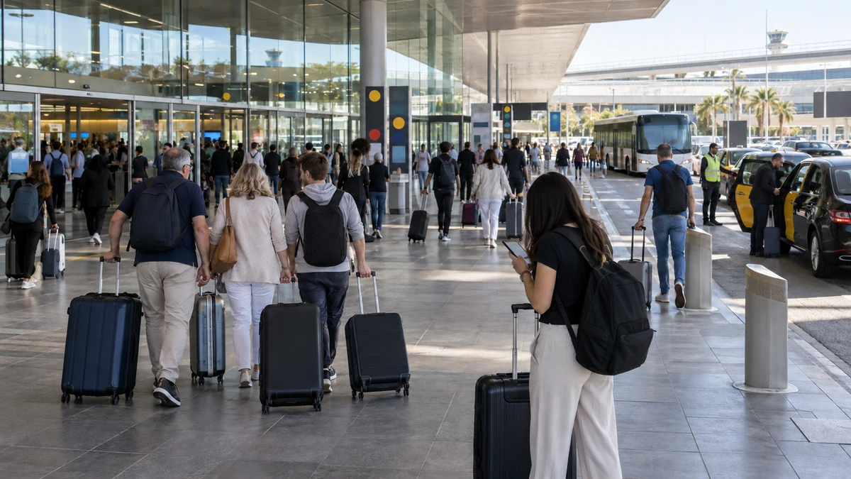 바르셀로나 공항 도착장에서 캐리어를 든 여행자들이 버스·지하철·철도·택시 이동을 준비하는 모습
