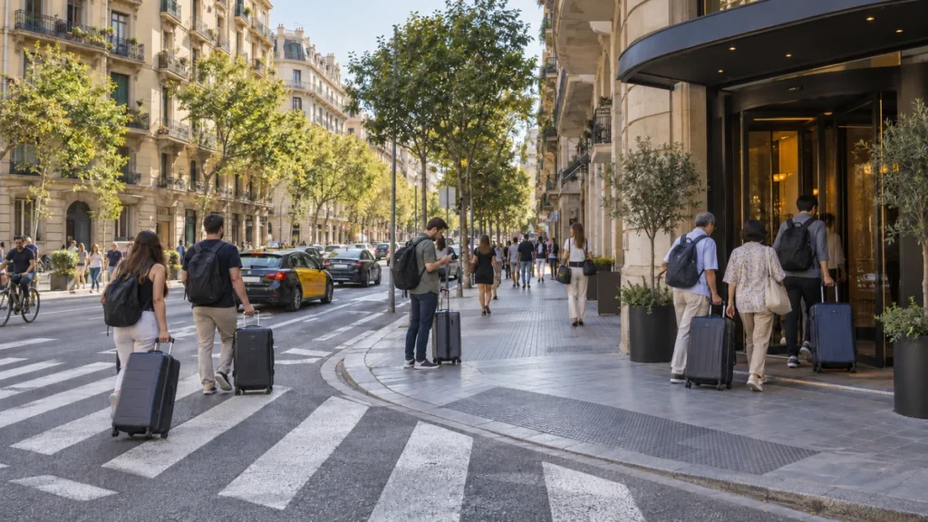 Travellers pulling suitcases along a wide street in Barcelona's Eixample district with taxis and hotel access nearby