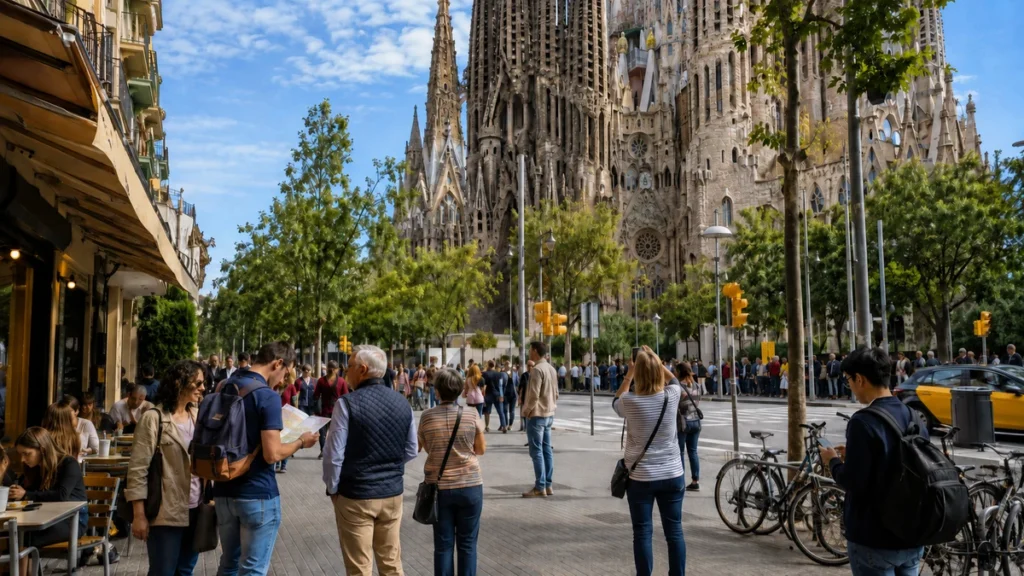サグラダ・ファミリア周辺で観光を楽しむ旅行者とバルセロナの街の風景