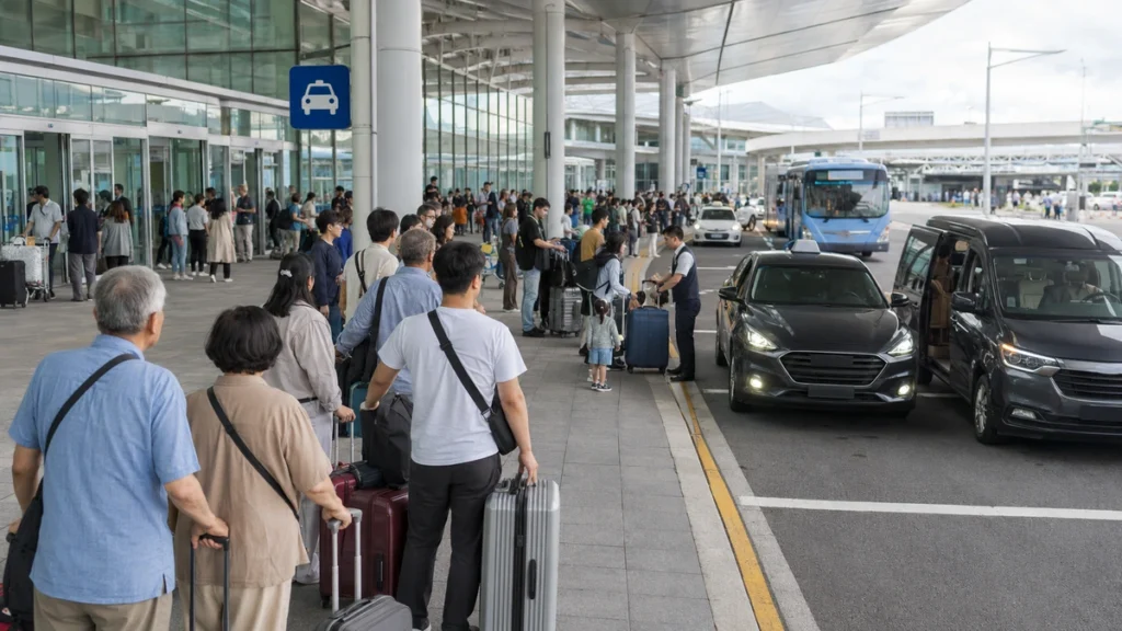 Travelers with luggage waiting for taxis at an official taxi stand at a Korean airport