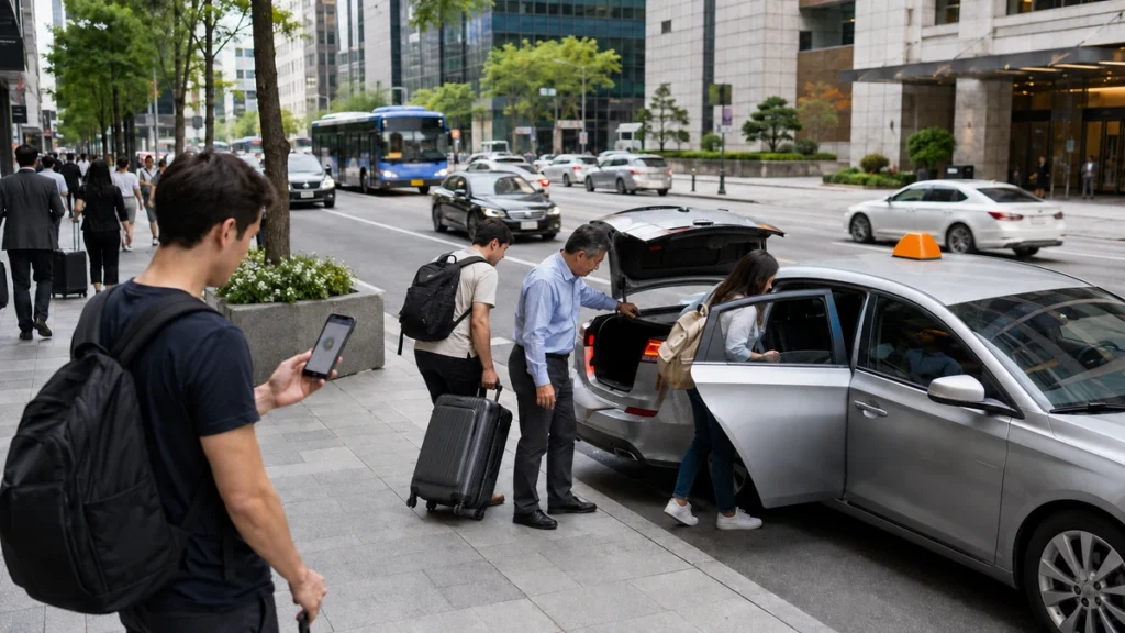 International travelers checking and boarding a ride-hailing taxi on a busy street in Seoul