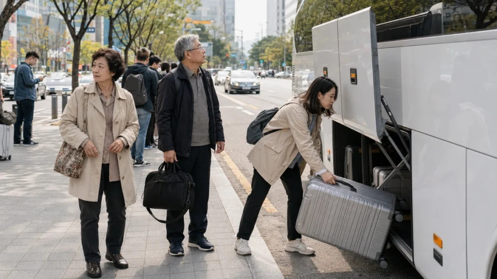 Parents and their adult child with luggage near an airport bus stop in Myeongdong, Seoul
