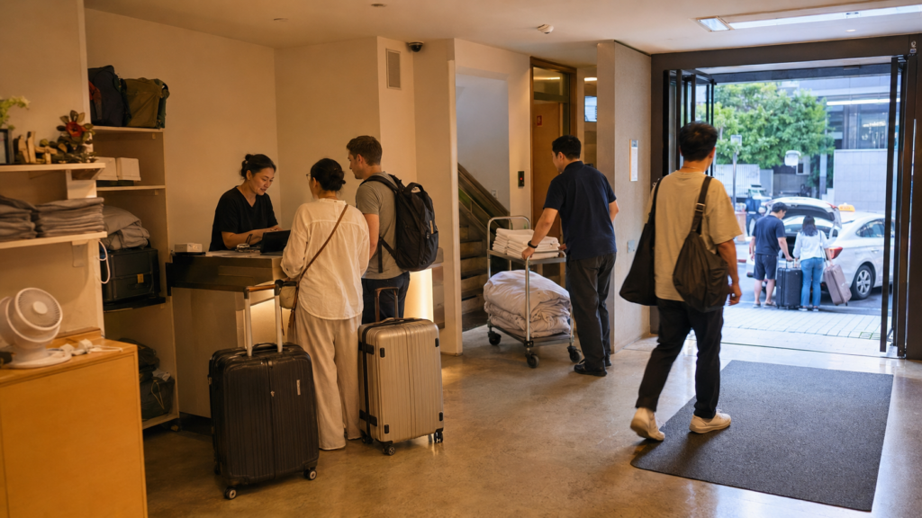 Travelers with luggage checking in at a small accommodation property in Seoul