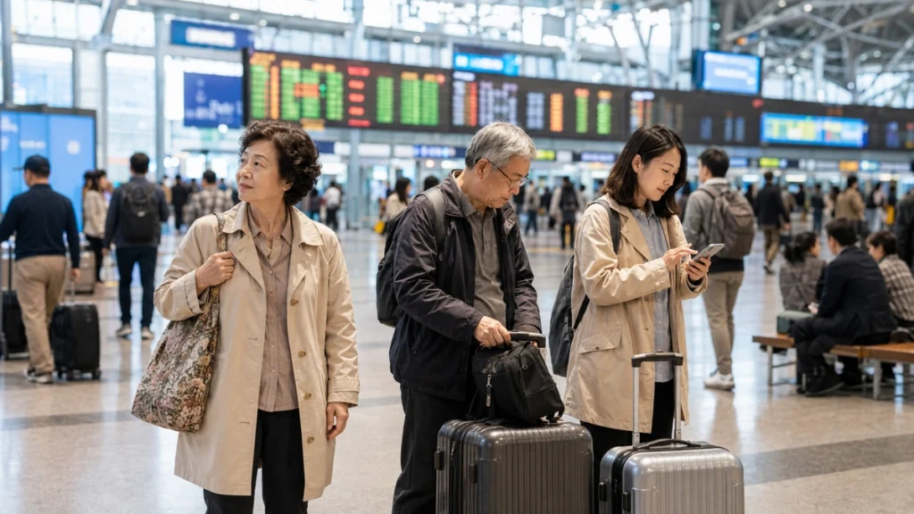 両親と成人した子どもがスーツケースを持ってソウルの鉄道駅を移動する様子