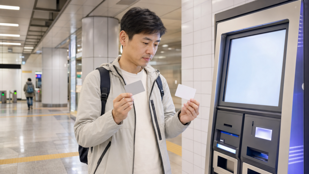 ソウルの地下鉄駅で交通カードを比較する旅行者