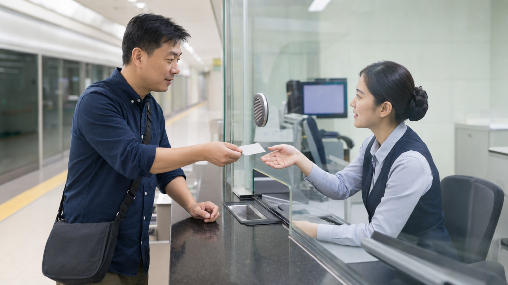 Travelers asking about a transportation card balance refund at a Seoul subway service counter