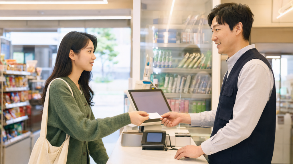 Travelers topping up a transportation card at a convenience store in Seoul