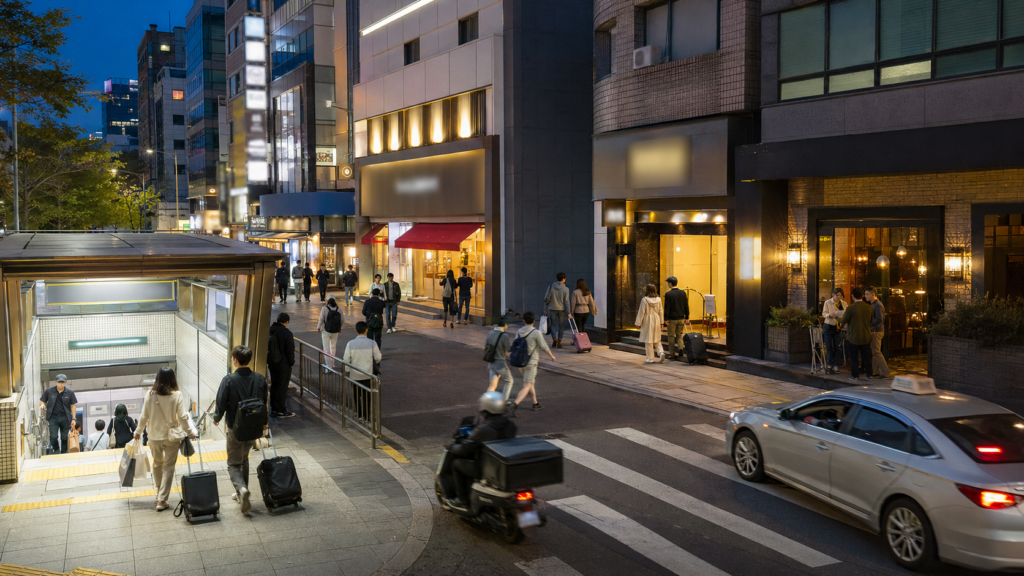 Hotels and small accommodation properties near a subway station in a busy Seoul neighborhood